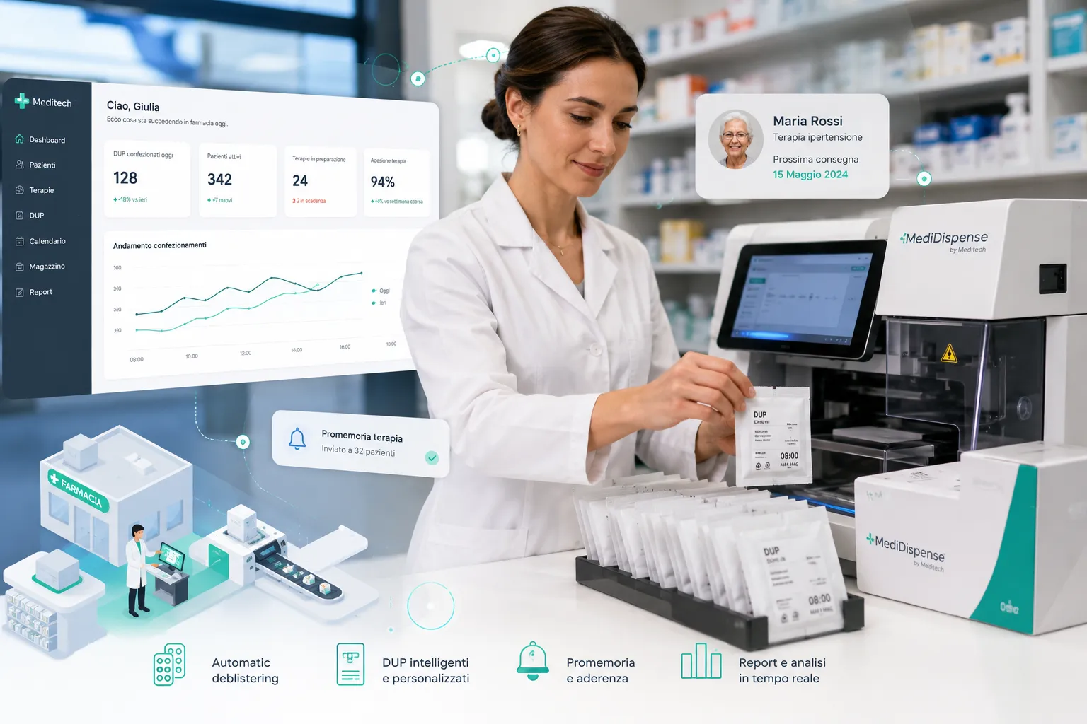 Farmacista al banco con dashboard di aderenza terapeutica e linea di deblistering DUP.